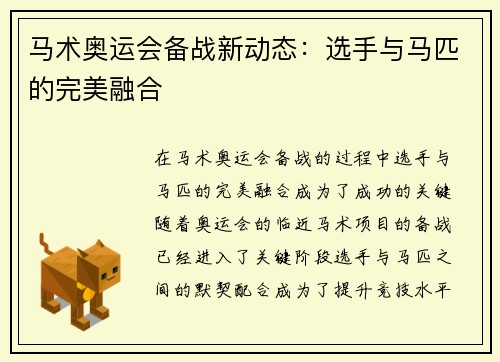 马术奥运会备战新动态：选手与马匹的完美融合